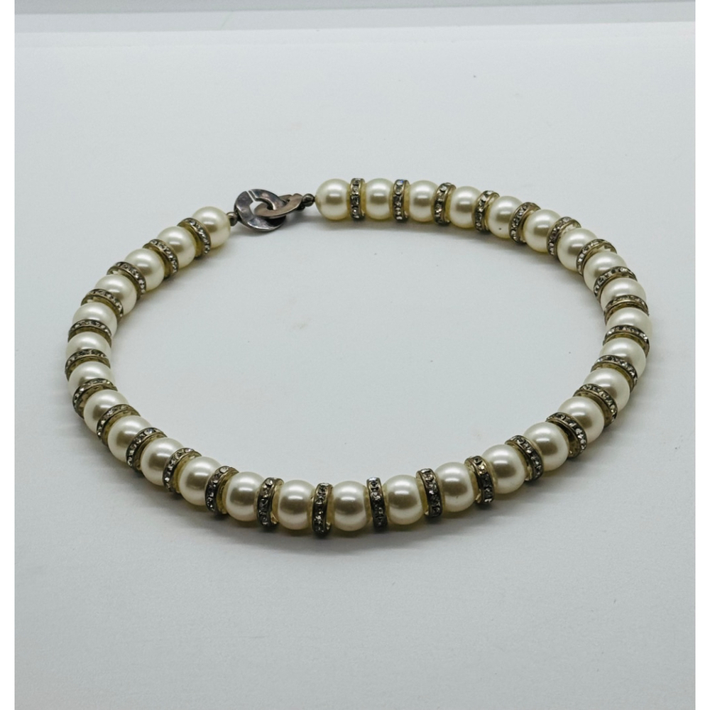 Vtg 90s Glass Faux‎ Pearl And Rhinestone Necklace 15" - Picture 4 of 7